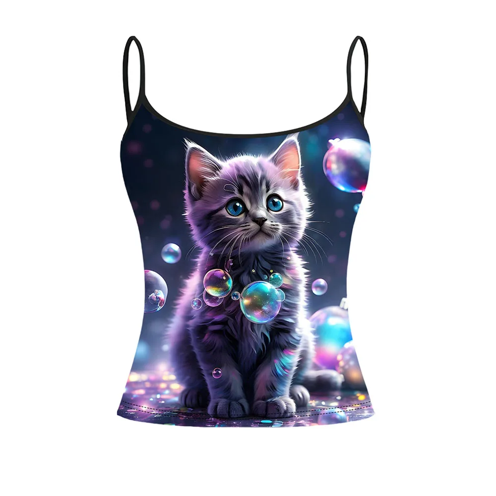 New Summer for Women Fashion Print  Strap T-shirt Top Strap Slim Casual Breathable Micro Elastic Fabric Sleeveless Strap Top