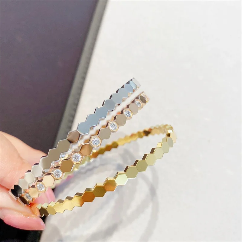 Fashion Stainless Steel Micro Paved Bangles For Women Simple Gold Color Geometric Honeycomb Bracelet Party Jewelry