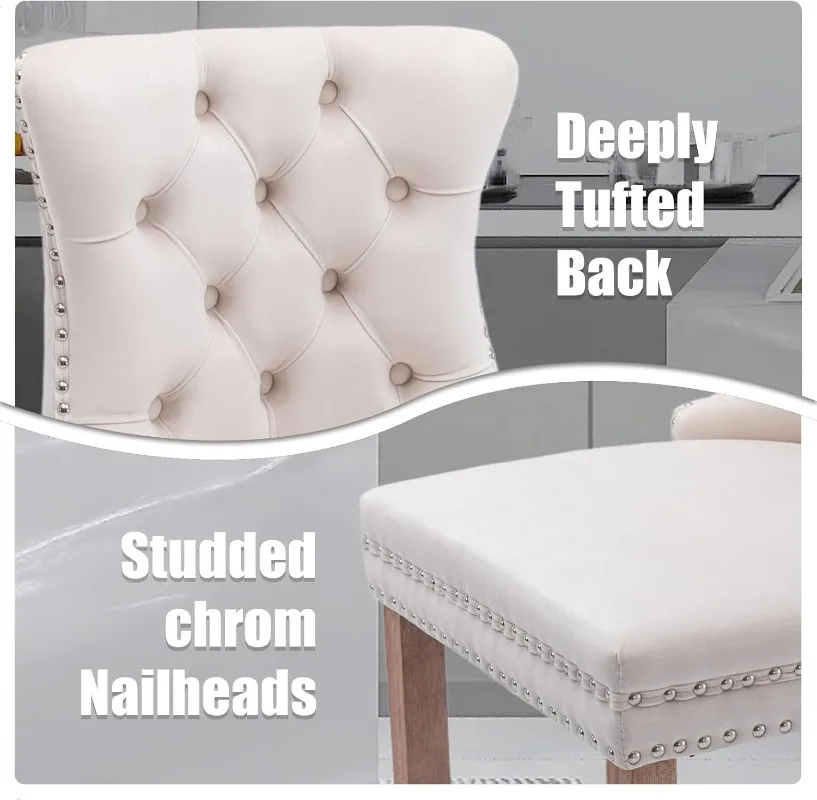 Modern Velvet Upholstered Bar Stools Set of 4 with Wood Legs Button Tufted Chrome Nailhead Counterstool Seat (Beige)