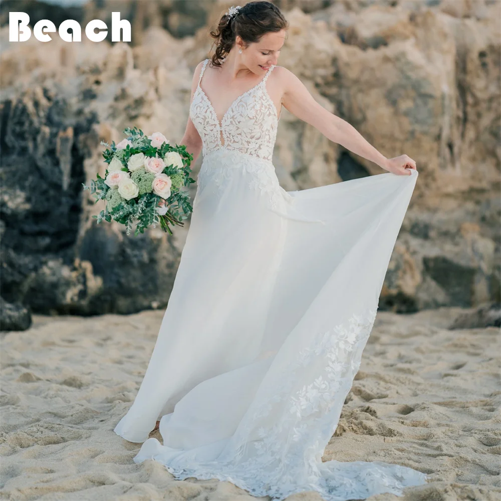 

BEACH Chiffon Spaghetti Straps Boho Wedding Dress For Women V Neck Applique Backless Court Train Bride Dress