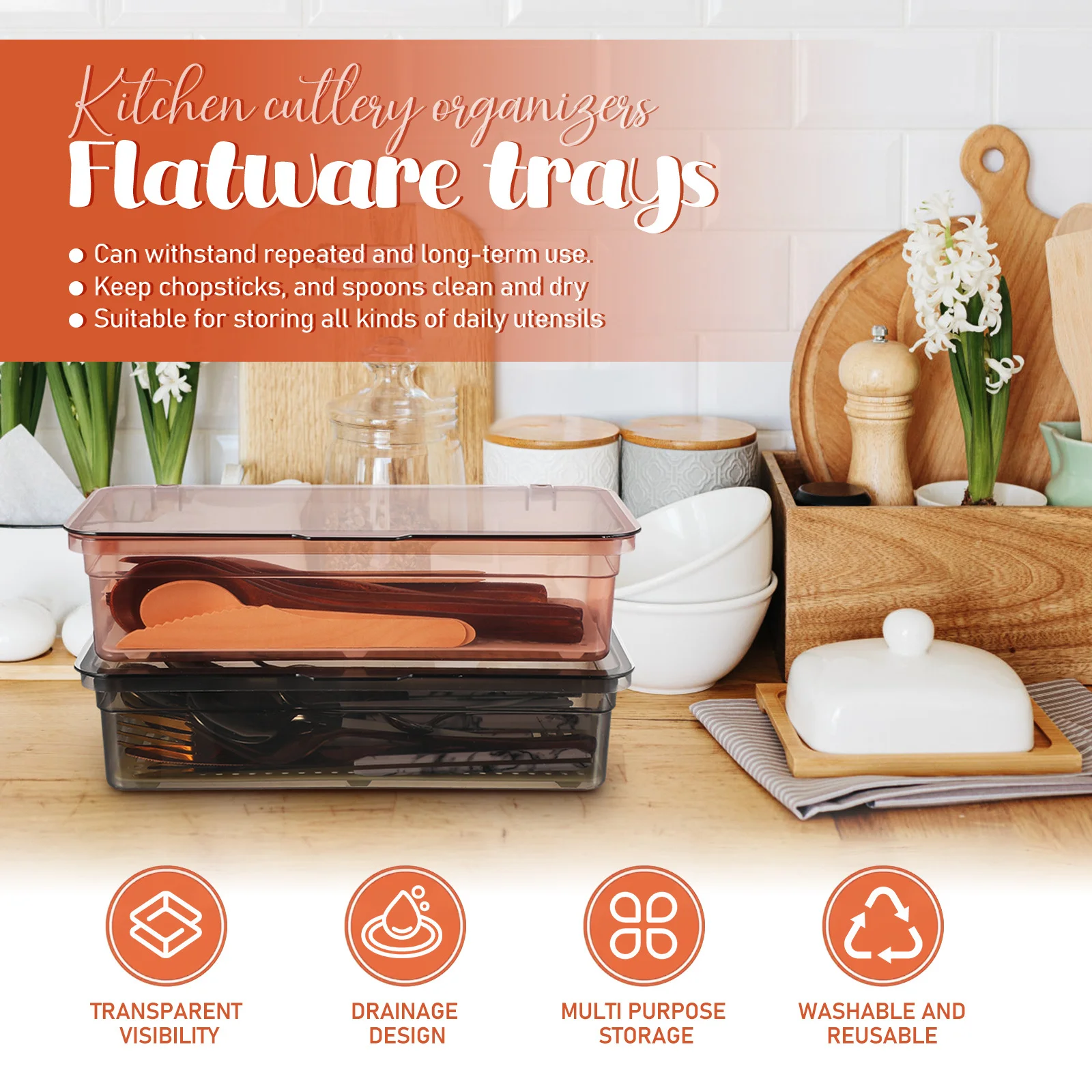 2 قطعة منظم أدوات بلاستيكية مع لوحة تصريف صندوق تخزين الفضيات للمطبخ كونترتوب أدوات المائدة حاوية صينية المنزلية #6