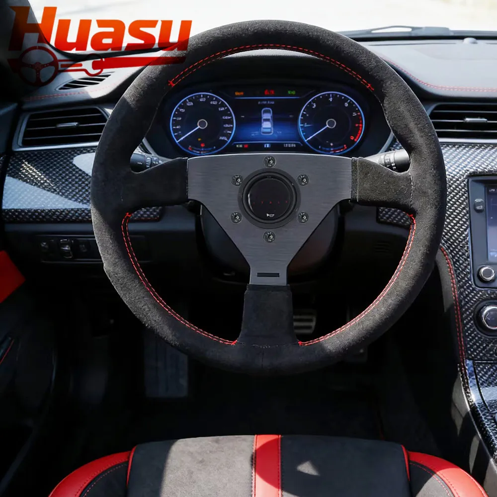 Racing V2 Steering Wheel Real Leather 13inch 320mm Flat Car Sport Steering Wheel Universal Aluminum Bracket