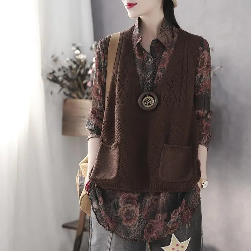 Sweater Vests Womens V-neck Leisure Pockets Ulzzang 3XL All-match Hollow Out Elegant Retro Jumper Loose Korean Style Femme New