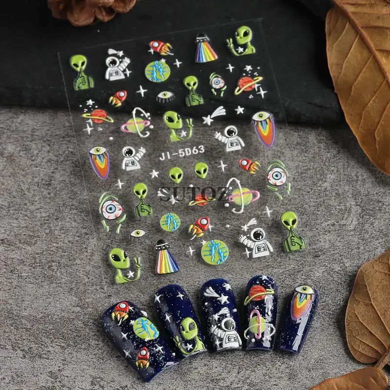 5D Halloween Nail Sticker Relief Stereo Skull Green Head Monster Astronaut Skulls Bone Spooky Astronaut Alien Droplet Eyes Nail