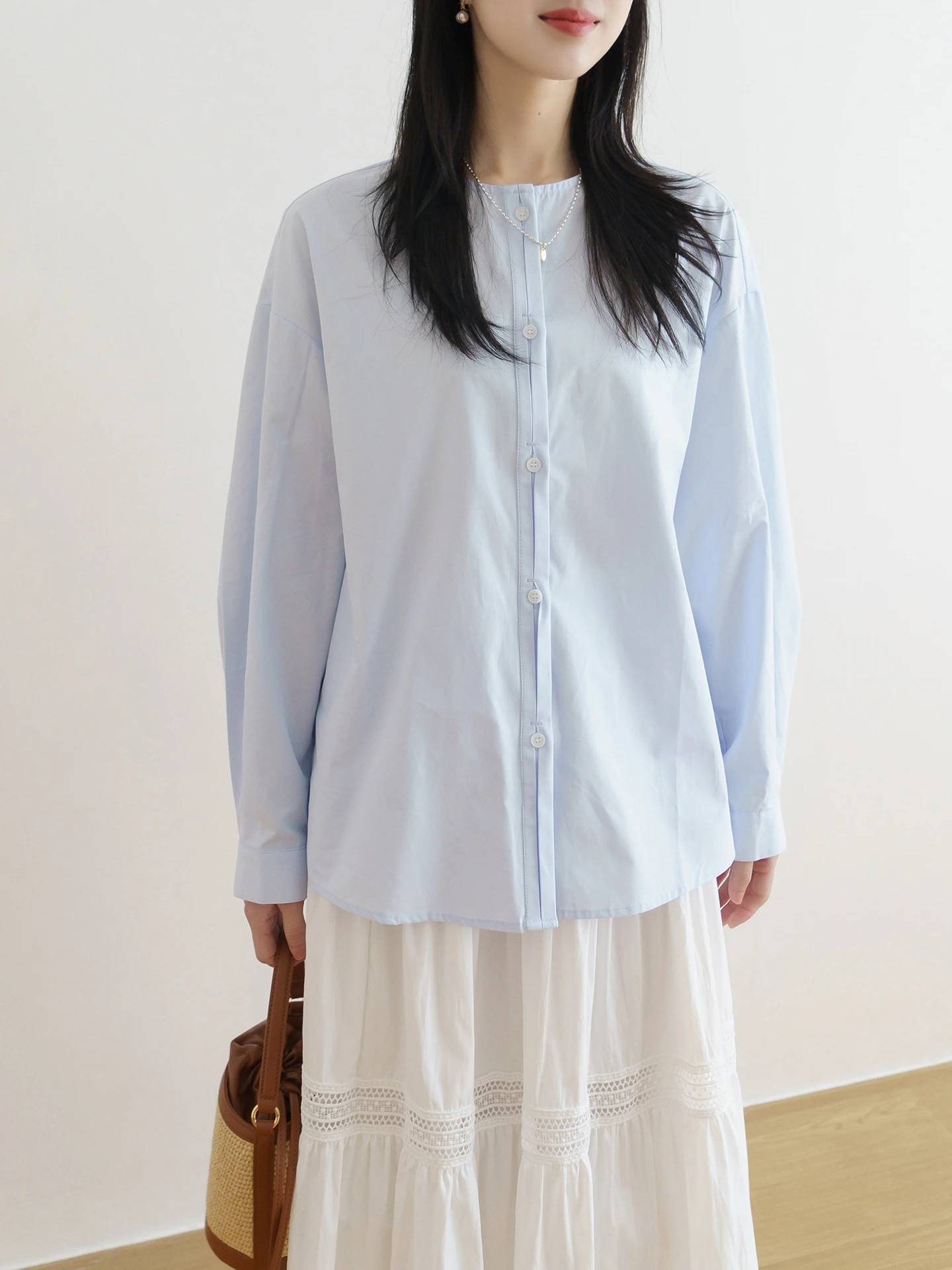 

Floradance Early Spring Simple Korean Sle round Ne Long Sve Women's irt Ba Split Design Cotton Casual Top