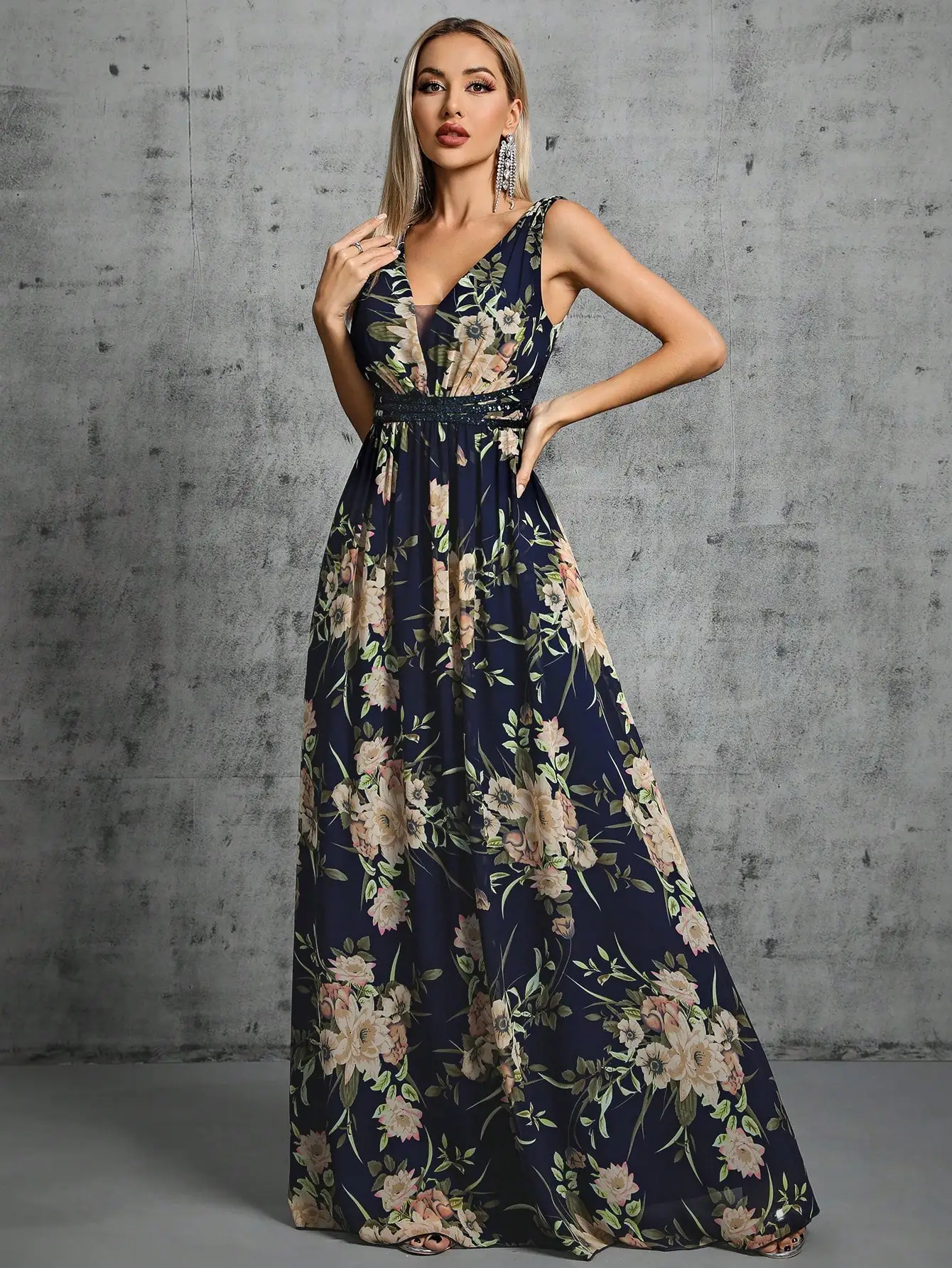 Mgiacy V-neck sequin belt print chiffon full swing Evening gown Ball Dress Party dress Bridesmaid dress