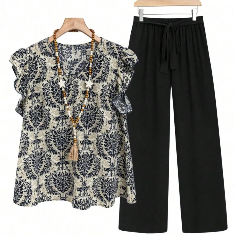 

Casual 2 Piece Sets Women Outfit 2025 Summer Fashion Sleeveless Floral Print V-neck Shirts Tops And Pant Sets Elegant Suit