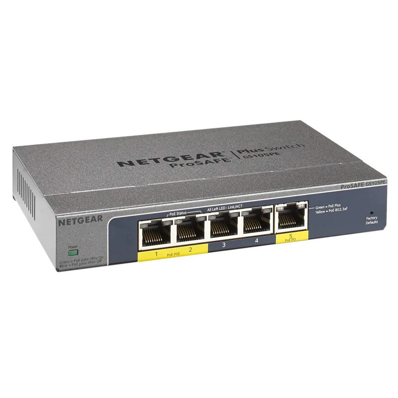 

NETGEAR GS105PE Gigabit Plus Switch 5-Port Gigabit Ethernet Plus PoE Pass-Throu/PoE Power Down Switch With 2-Port PoE Out Ports