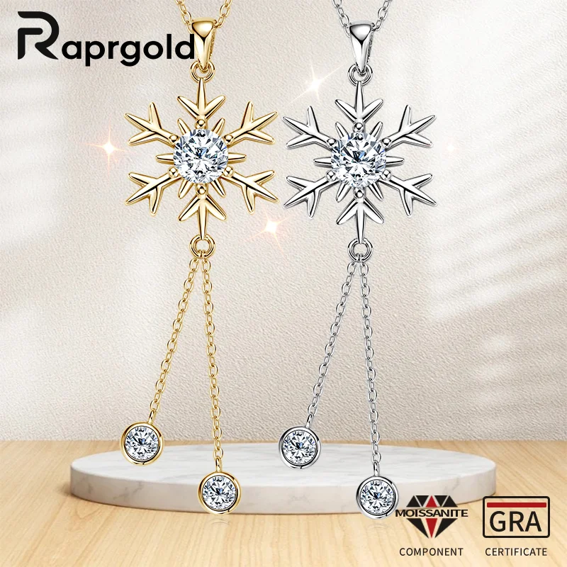 

RAPRGOLD GRA Certified Moissanite Snowflake Pendant Necklace for Women S925 Sterling Silver Tassel Chains Wedding Jewelry Gifts