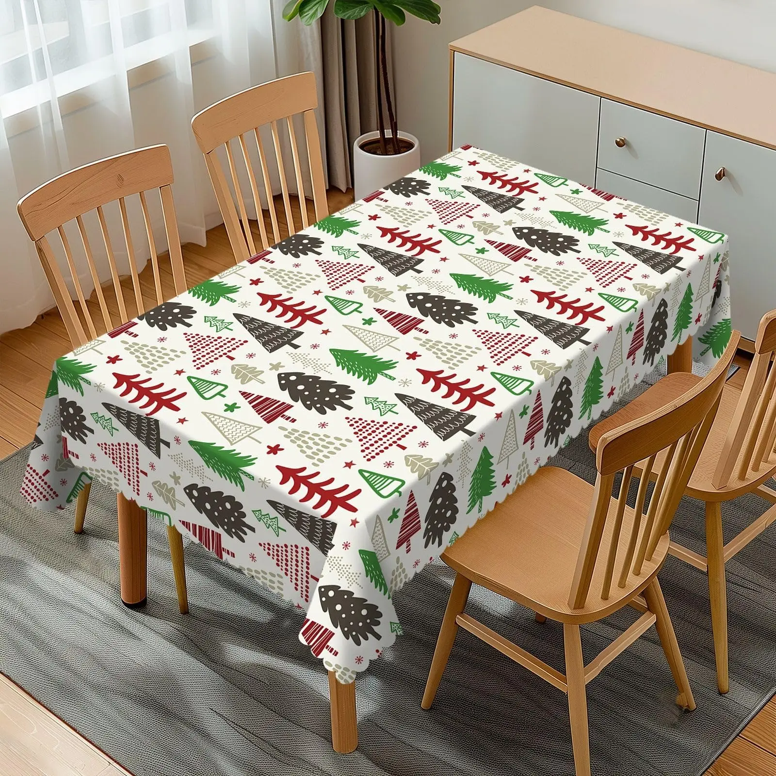 Tree Rectangular Tablecloth, Snow Snowflakes Wavy  Border Polyester Table Cloth for Dining, Kitchen, Parties