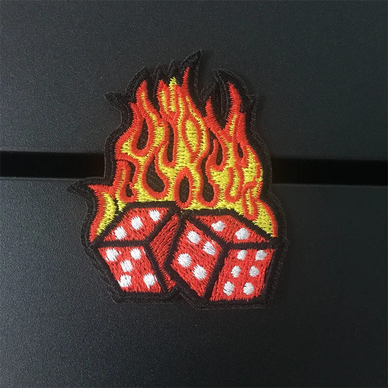 The Flame Dice Size:4.6x5.8cm Clothes Patch Embroidery Iron-on for Clothing Backpack Stripe Badges Fabric Apparel Diy