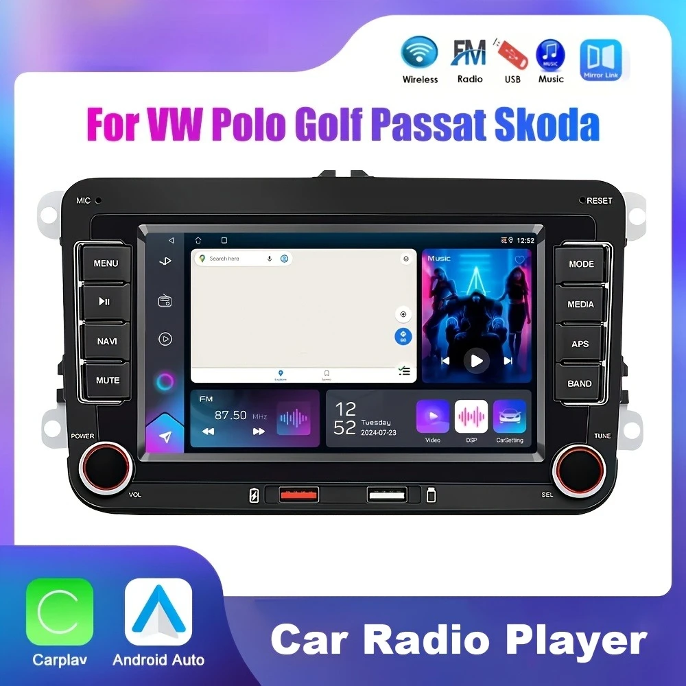 مشغل راديو ستيريو للسيارة 17.78 سنتيمتر 2DIN HeadunitWireless Carrplay Androidauto الوسائط المتعددة مشغل MP5 لسيارة Volkswagen Seat Skoda Golf