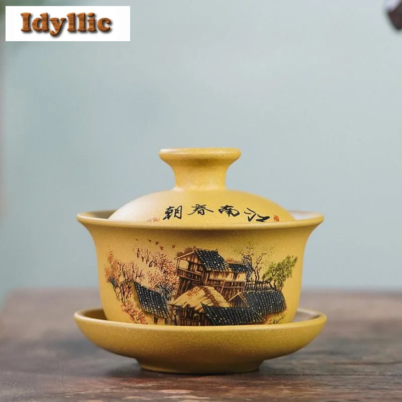 

170ml Yixing Purple Clay Jiangnan Spring Gaiwan Antique Tea Tureen Tea Bowl With Lid Kit Tea Maker Cover Bowl Cafes Ornaments