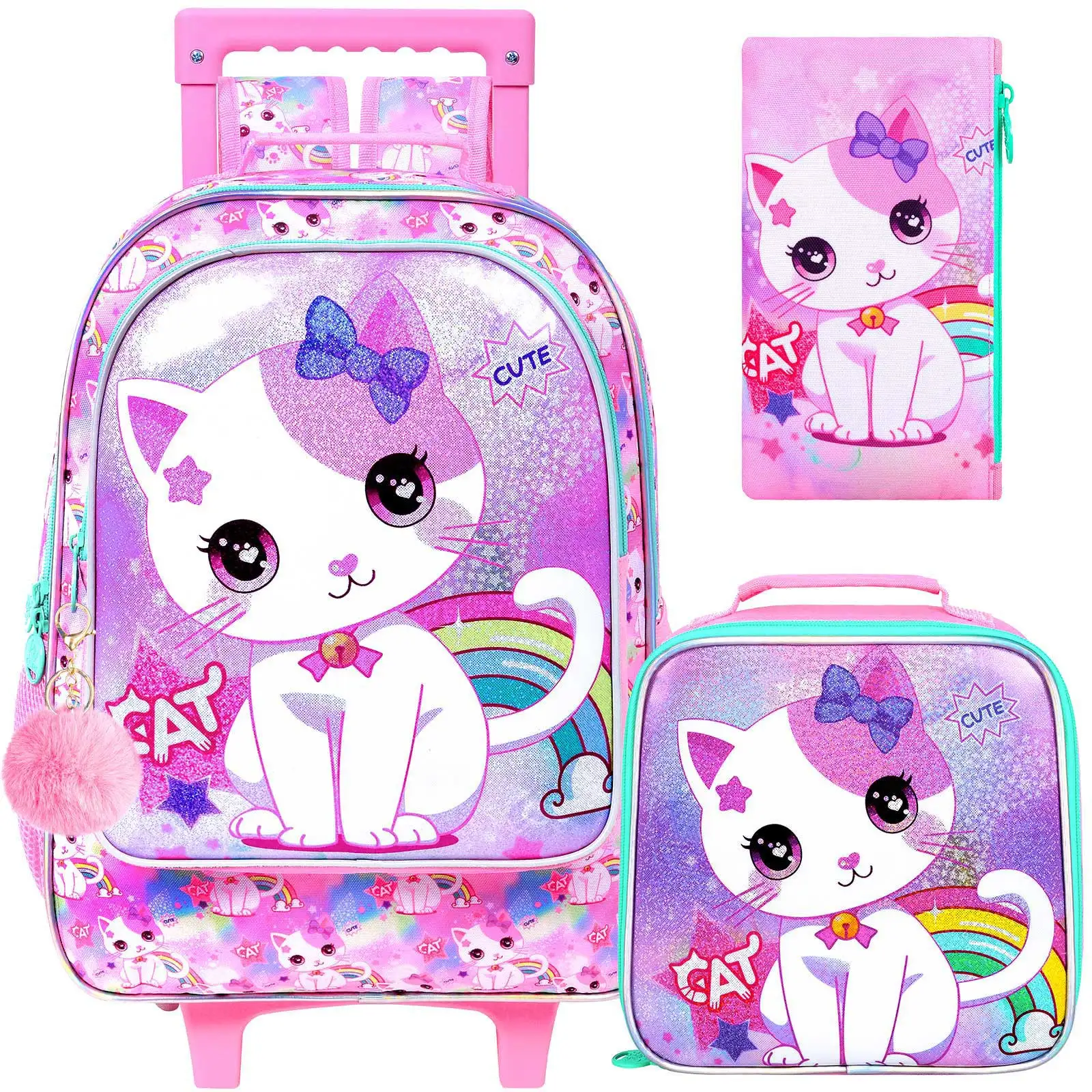 女の子用ローリングバックパック、可愛い猫柄ローラーホイール付きキッズブックバッグ-車輪付き小学生用バッグ-3個セット-猫柄