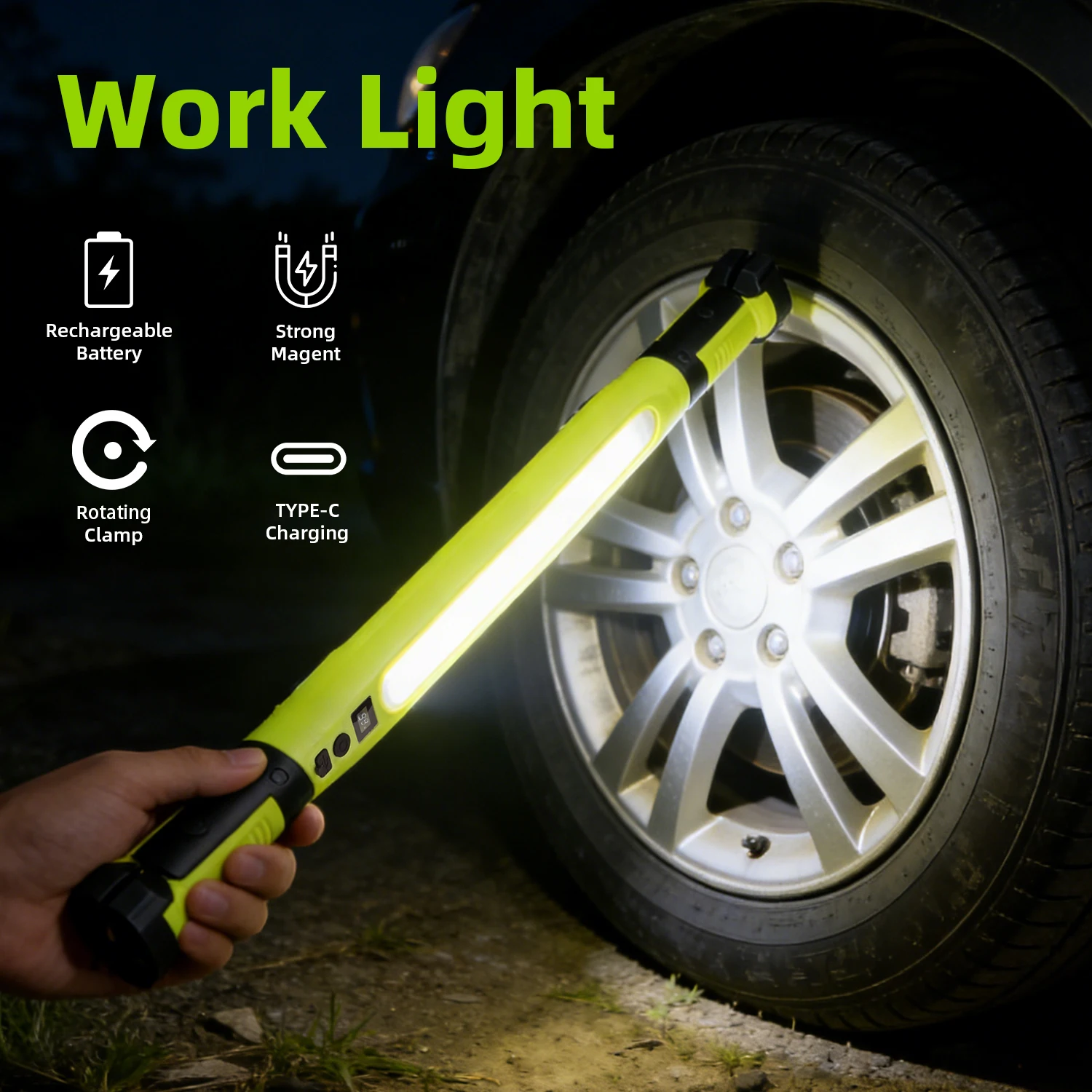Under Hood Work Light, 3000LM IP66 Magnetic COB Cordless | 4 Modes, Red SOS, 360 Degree Swivel Hooks, Clamps, Type-C, for Mechanic, Vehicle Inspection, Garage, Workshop, Hands-Free