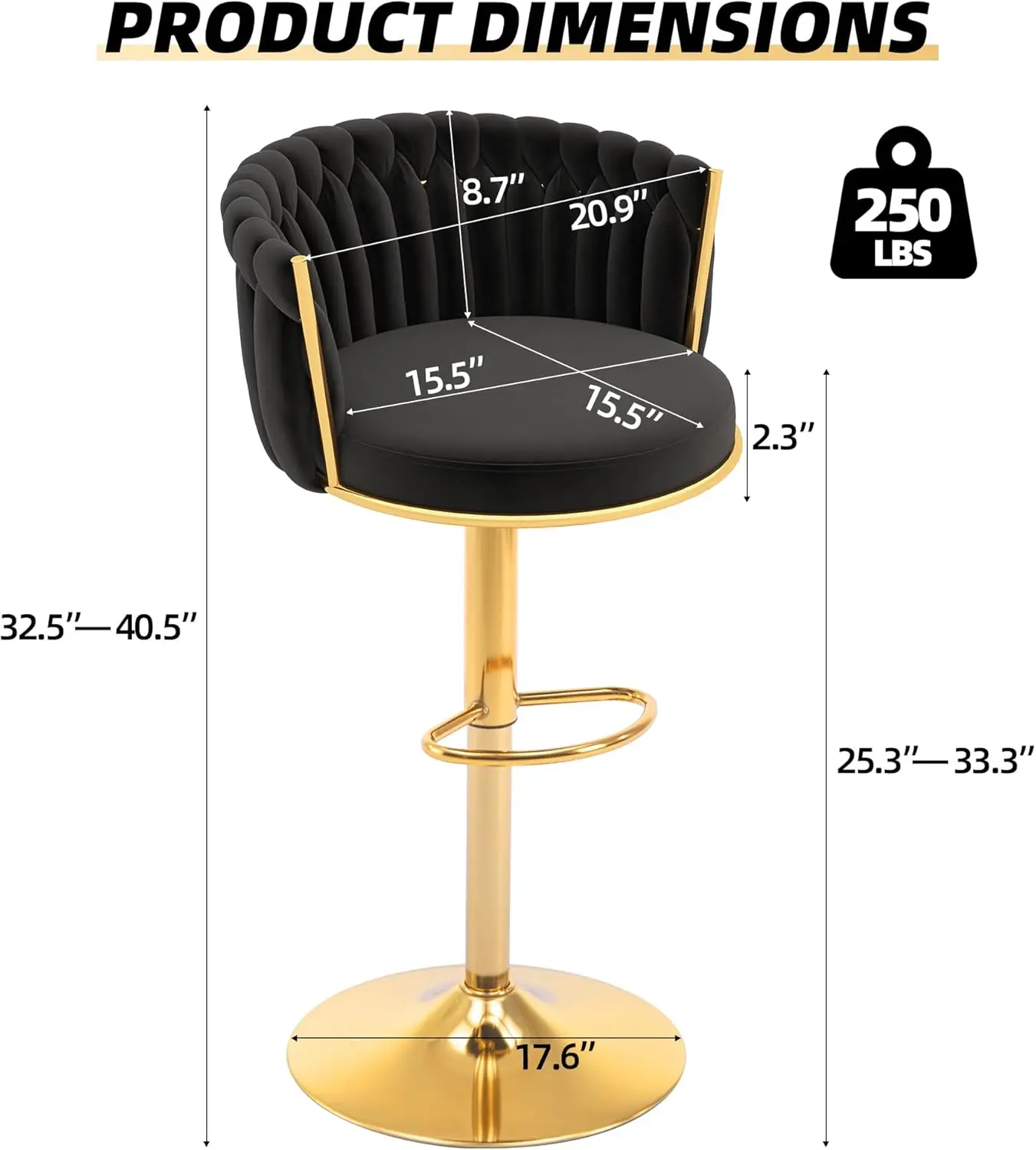 Gold Bar-Ensemble de 6 tabourets de bar modernes et ajustables, chaises de bar à percussion en velours avec dossier tissé et repose-pieds en métal