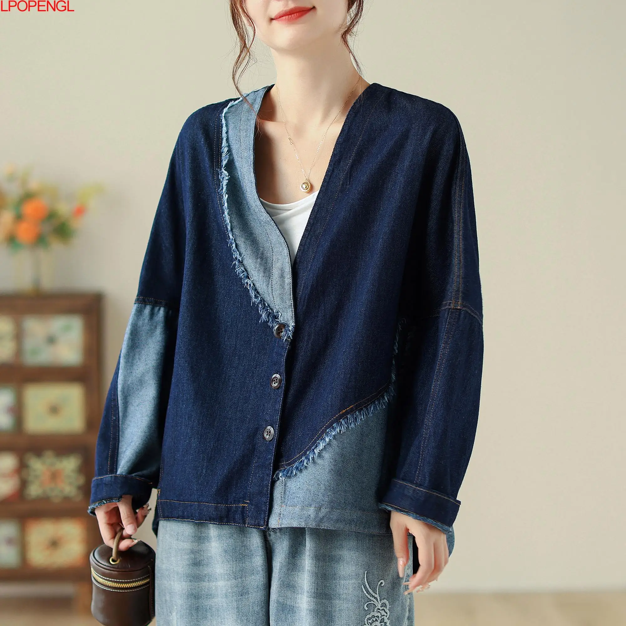 Single Breasted Denim Jacket Women\'s New Autumn Personality Literary Vintage Contrast Patchwork Oversized Top Streetwear Coat