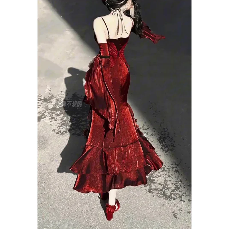 Christmas Red Rose Robe Ruffles Long Sling Dress for Women Party 2024 New Lolita Elegant Irregular Slip Fishtail Dresses Female