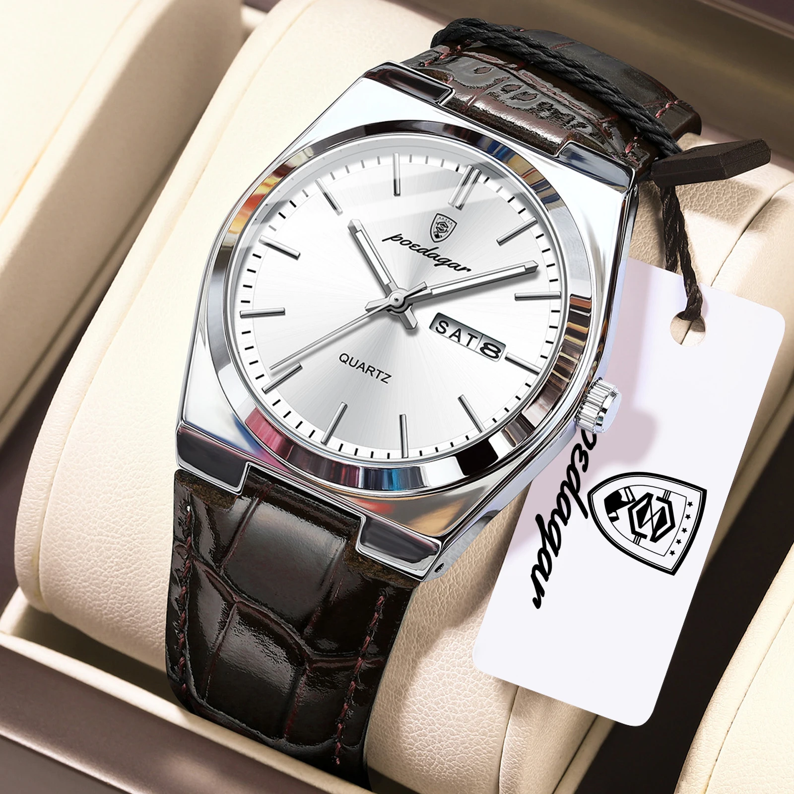 

Мужские часы POEDAGAR, водонепроницаемые, с подсветкой, указателем даты и дня недели, оригинальные, кожаные, стильные, кварцевые, наручные часы.