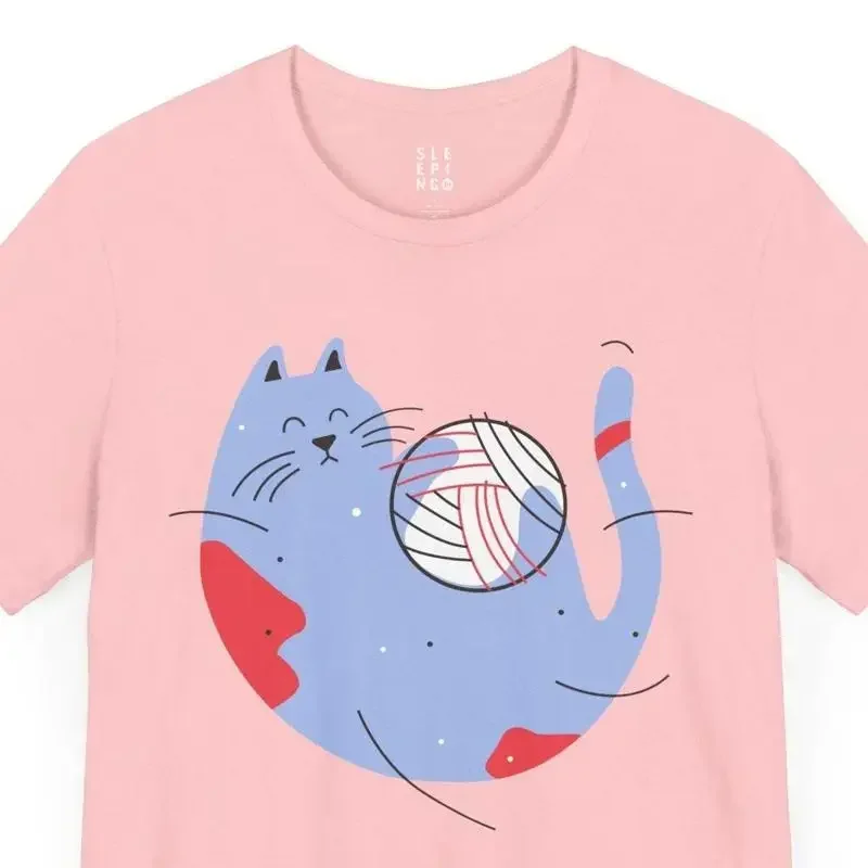 Blue Red Cat Playing Yarn Ball Cute T Shirt For Husband Wife Mom Best Friend Her Feline Lover Popular Trendy Animal Owner