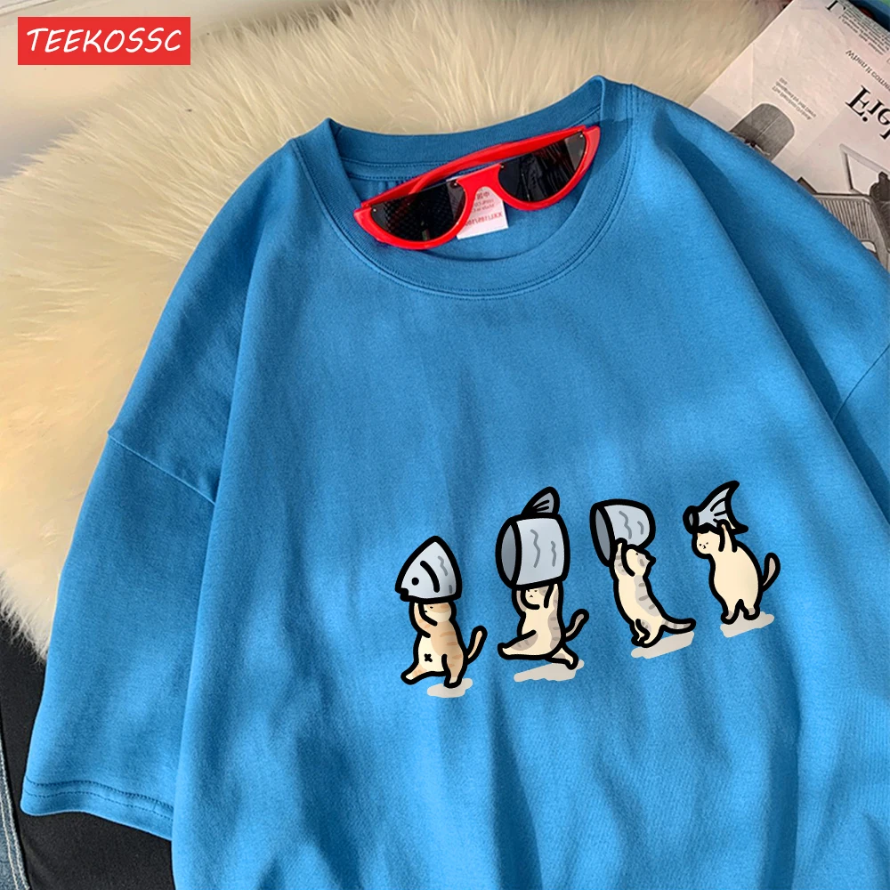 Vier Kleine Katzen Halten Fishcotton Frauen T-Shirts Cartoons Drucke T Shirts Weiche Oansatz Lose Kurzarm Tops Sommer Kleidung – Detail 28