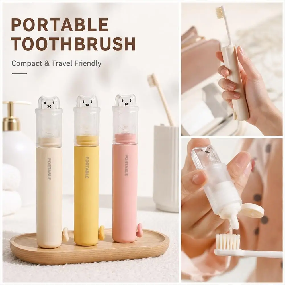 2 In 1 Foldable Travel Toothbrush Portable Toothpaste Storage Soft Bristle Toothbrush With Bear Dust Cover