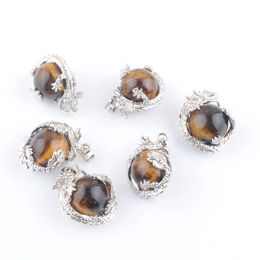 Natural Tiger's Eye Stone Round Ball Bead Pendants Dragon Wrap Reiki Chakra Healing Amulet Jewelry Wholesale 10Pcs AN3137