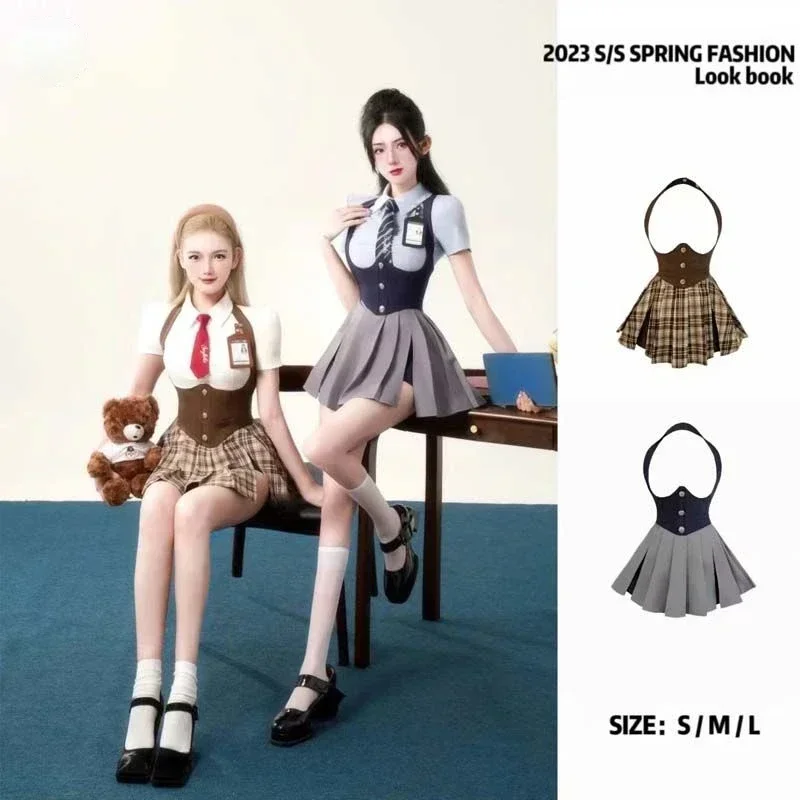 College Style JK Uniform Set 2023 Summer Slim Shirt With Striped Tie Y2K Girls Halter Fishbone High Waist A- Line Pleated Skirt