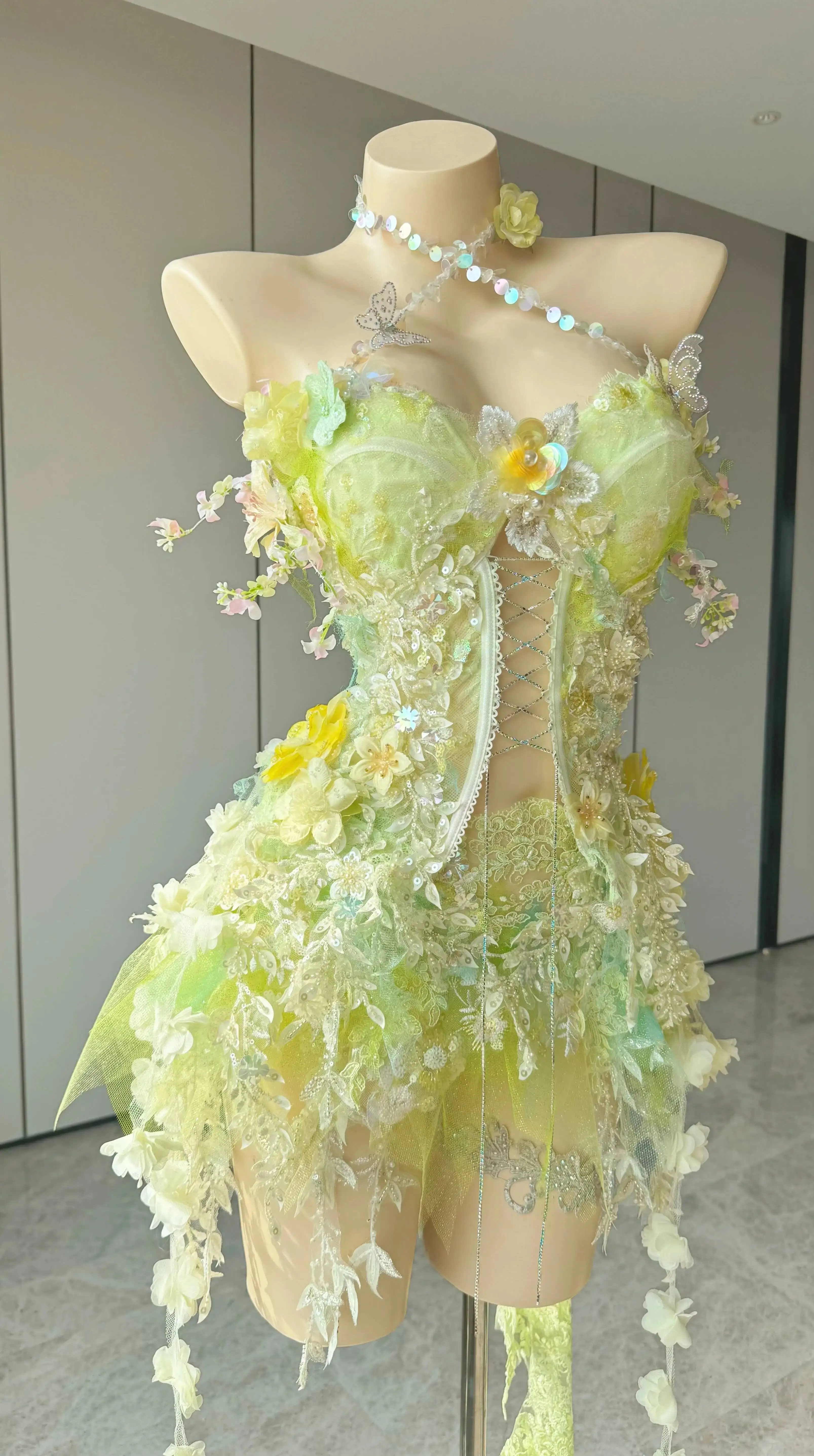 ZIWU Design Yellow-green Forest Fairy Strap-top Halter Dress With Hand-embroidered Lace And Irregular Fringed Trailing