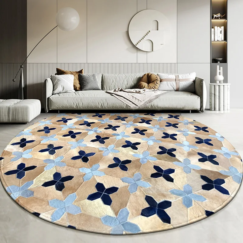 Large Size Real Cowhide Round Carpet Living Room Rug Blue Handmade Area Rug Bedroom Non-slip Study Decoration Carpet