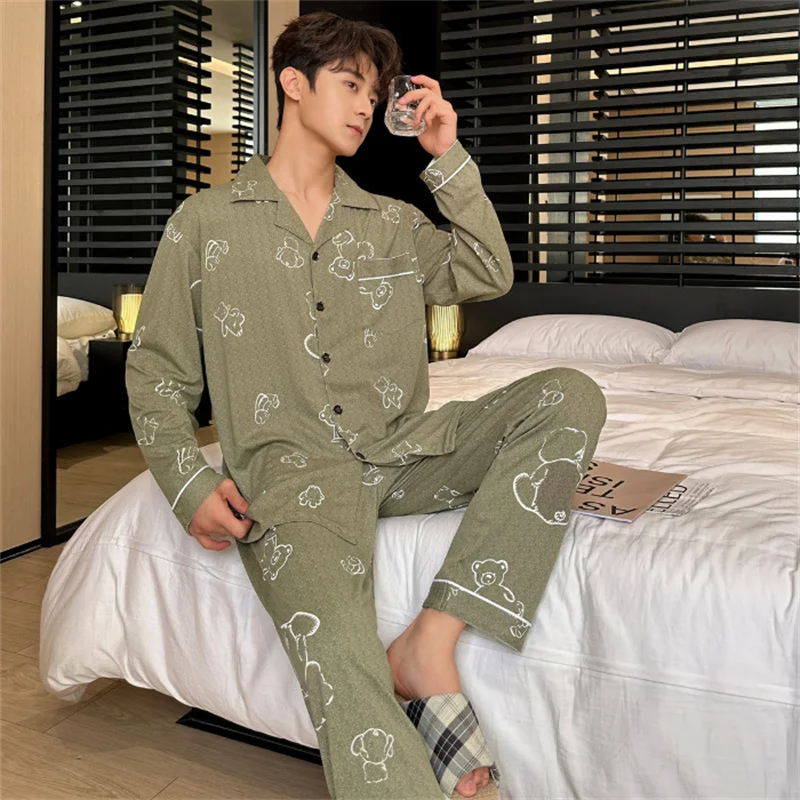 Spring Autumn Men\'s Thin Printed Pajamas Lapel Long Sleeve Cardigan Pants Two Piece Set Oversized Casual Home Clothing