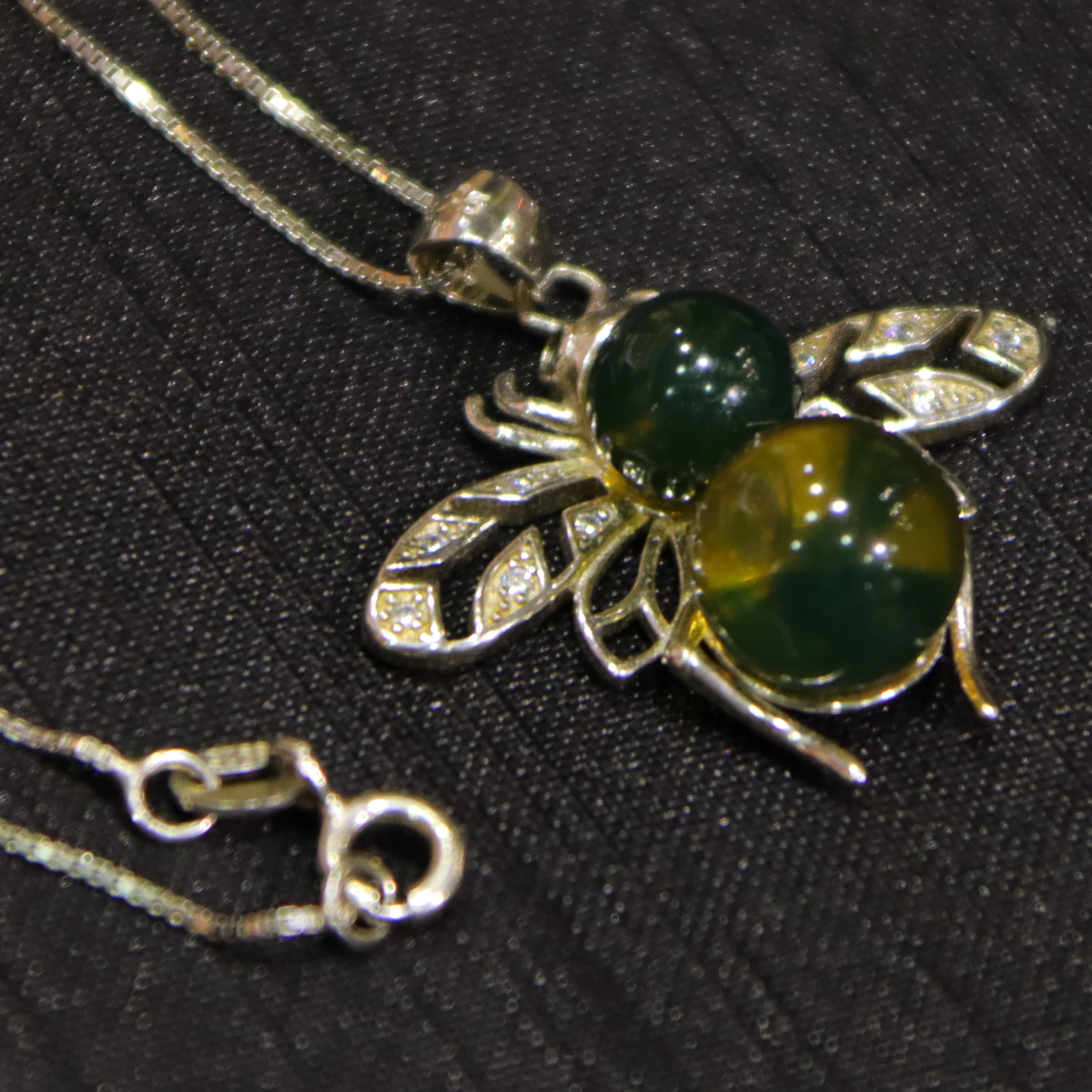 925 Sterling Silver Natural Blue Amber Mexican Bee Pendant with 8mm and 9mm Round Beads Handmade Jewelry Gift