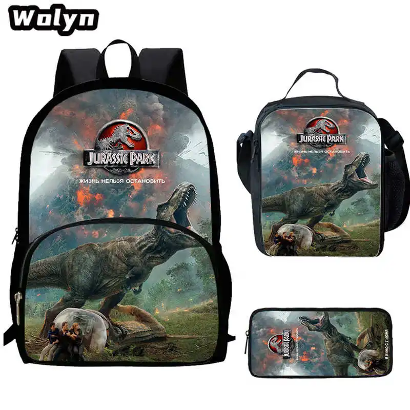 3Pcs Set Dinosaur Mochila Jurassic Backpack with Lunch Bags Pencil Case,Printing Book Bags for Grades1-4 Students Backpacks