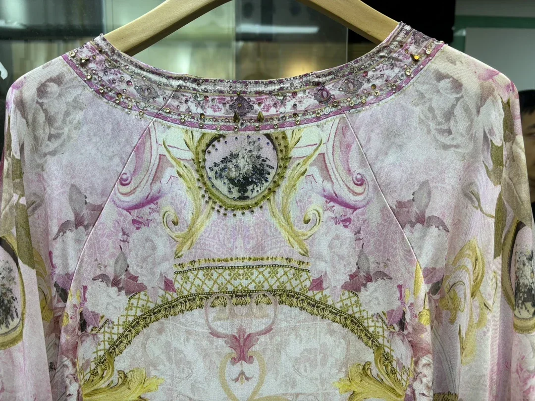 Robe longue rose en perles de cristal pour femmes, imprimé floral, col en v, manches chauve-souris, ample, 100% soie