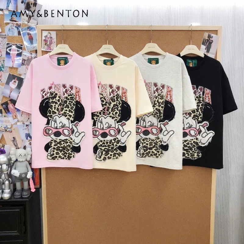 

Футболки с вышивкой в ​​стиле американского ретро-дизайна, свободные футболки с круглым вырезом и принтом, из чистого хлопка, с короткими рукавами, Y2k Kawaii Tees