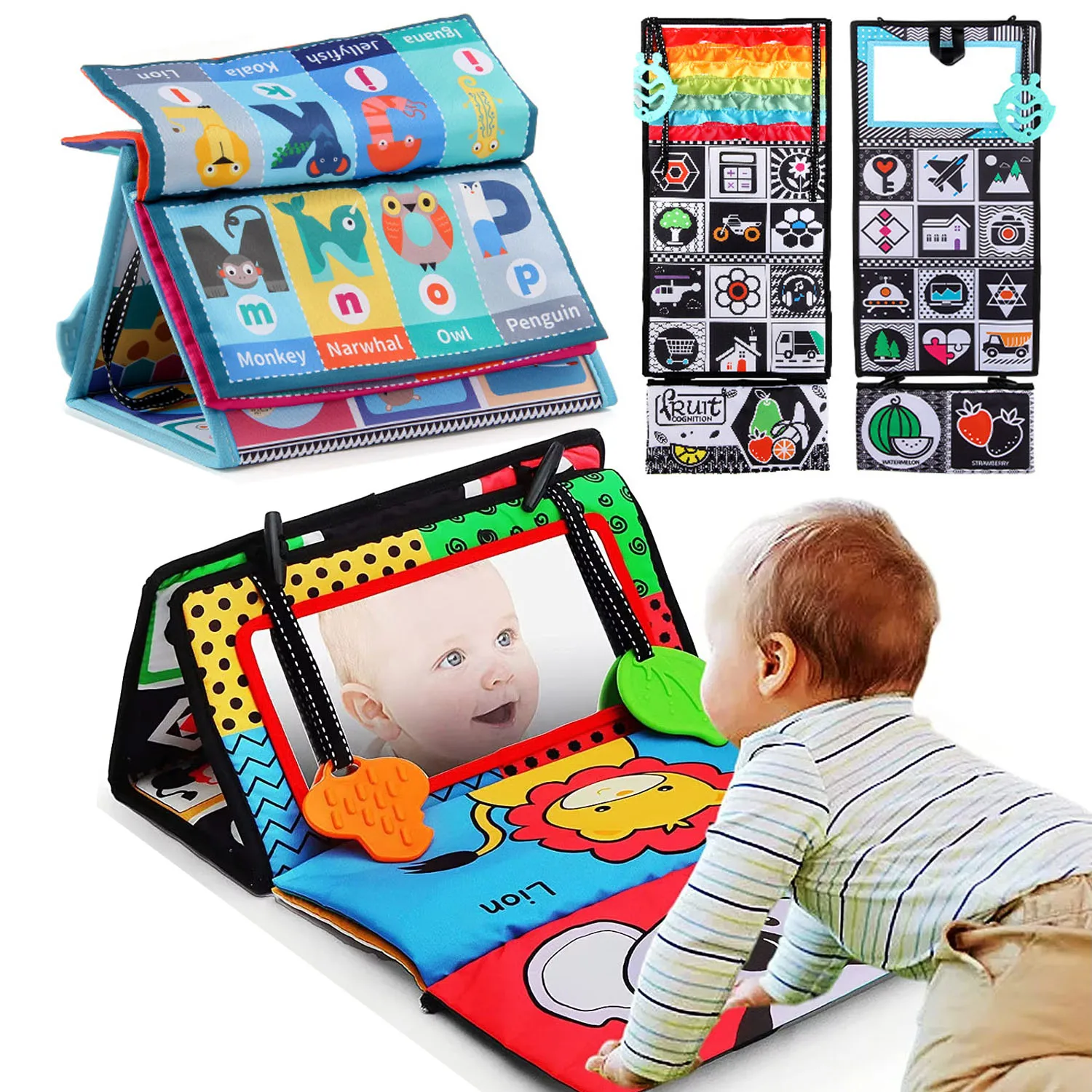 Crinkle Cloth Book Visual Stimulation Newborn Toys 0-3 Months Brain Development Tummy Time Mirror Toy for Infants Sensory Babies