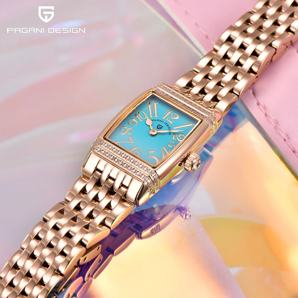 PAGANI DESIGN 럭셔리 브랜드 유럽 미국 스퀘어 쿼츠 시계 방수 스테인레스 스틸 다이아몬드 상감 베젤 여성용 시계