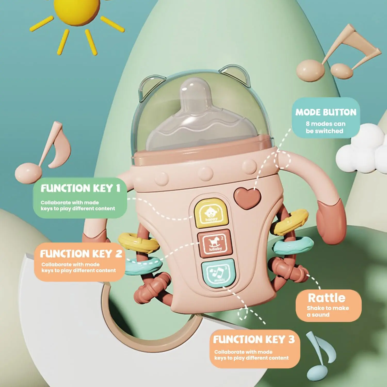 ベビーガラガラおもちゃ ミュージカル感覚学習おもちゃ 音楽とライト付き おしゃぶり歯が生える 幼児用 男の子と女の子へのギフト 0-24M
