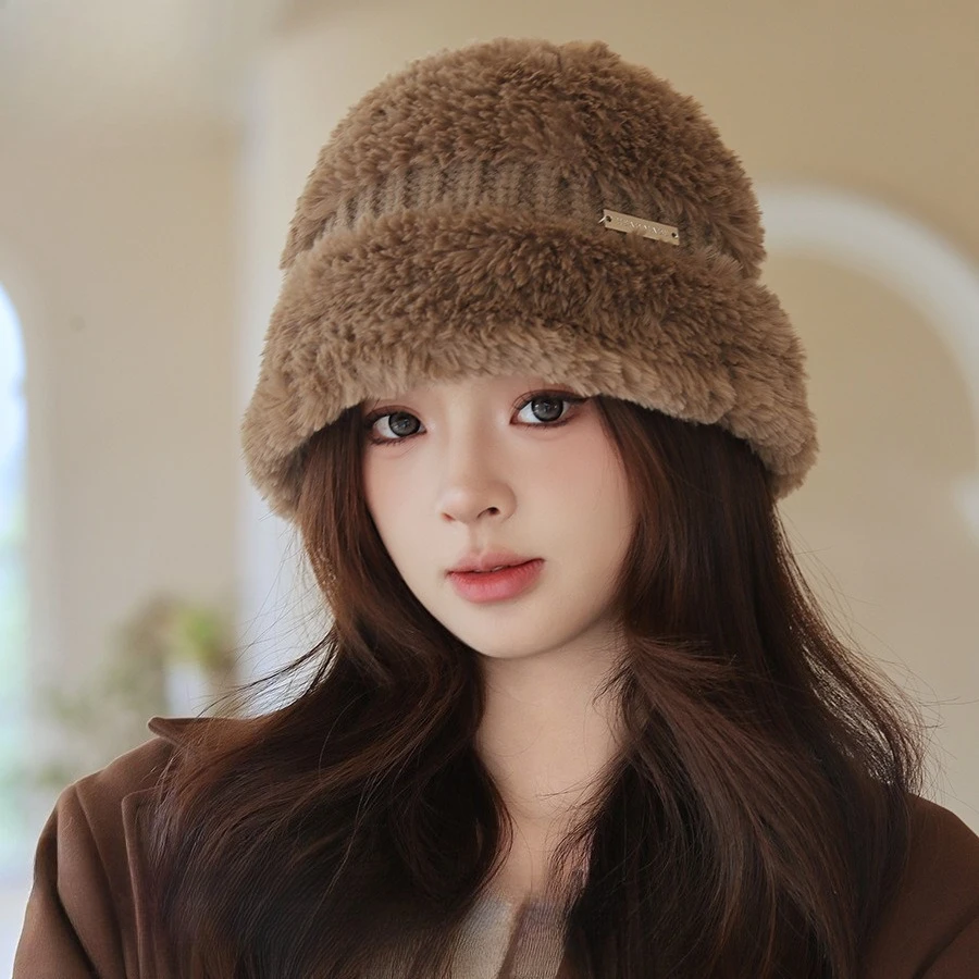 South Korea Dongdaemun Splicing Wool Yarn Knitted Fisherman Hat Fashionable Thermal Basin Hat Korean Series Shows Small Face
