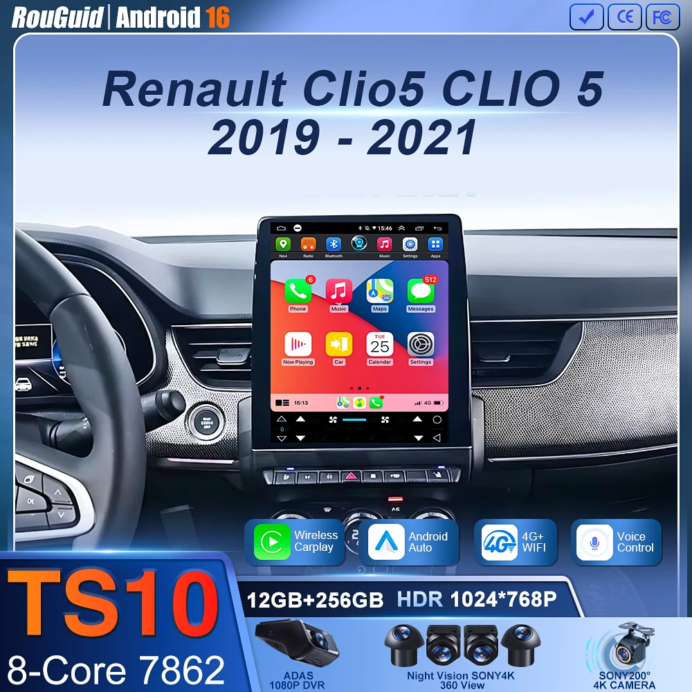 Android 16 Carplay Para RENAULT CLIO 5 2019 2020 2021 Reprodutor Multimídia Automotivo de 9,7 Polegadas com Navegação Wifi 5G e Tela Touch Android Auto