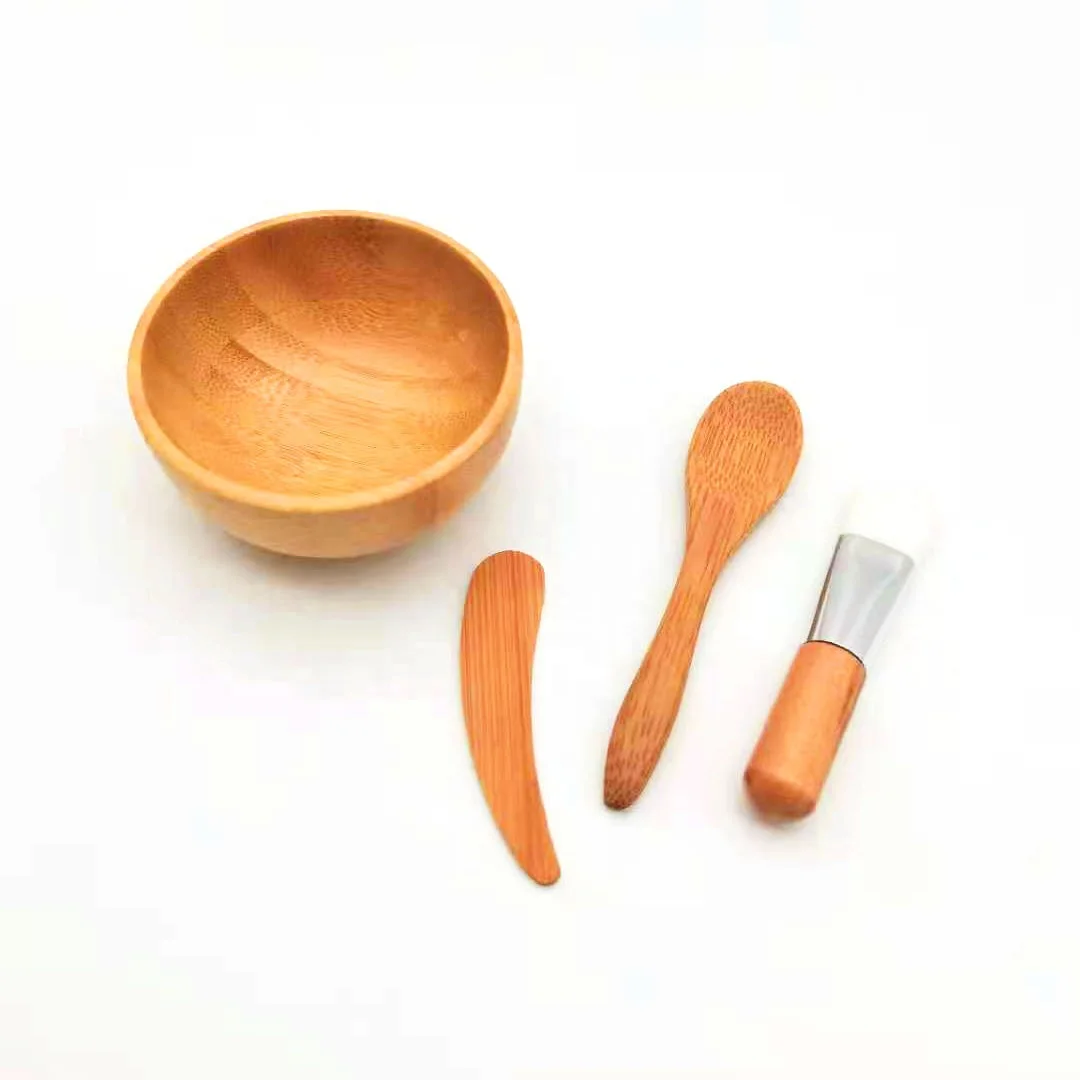 Wholesale Eco friendly Natural Organic Custom Logo Reusable DIY Facial Mixing Make Up Skincare Bamboo Bowl With Brush Set