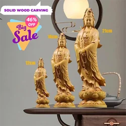 Natural Cypress Guanyin Buddha Decorative Characters Statue ,Solid Wood Art Carving Home Room Office Feng Shui Statue