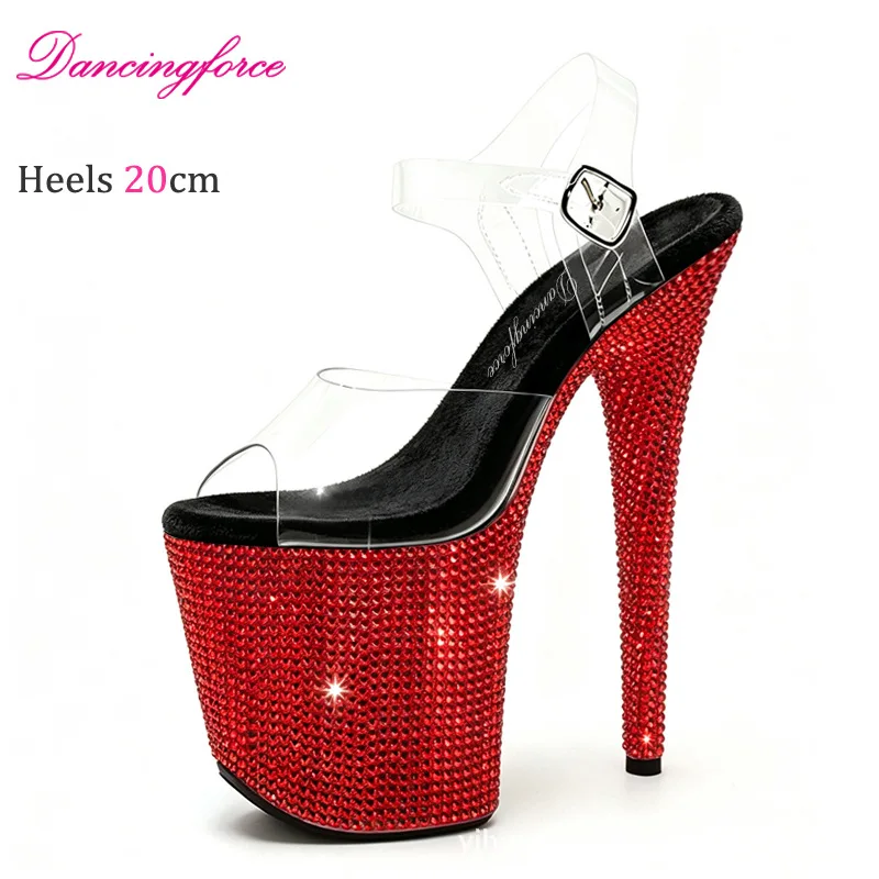 Sexy Women 20cm Stiletto High Heel Sandals Crystal Thick Platform Pole Dance Shoes Sky High Heels Nightclub Rhinestone Sole Mode