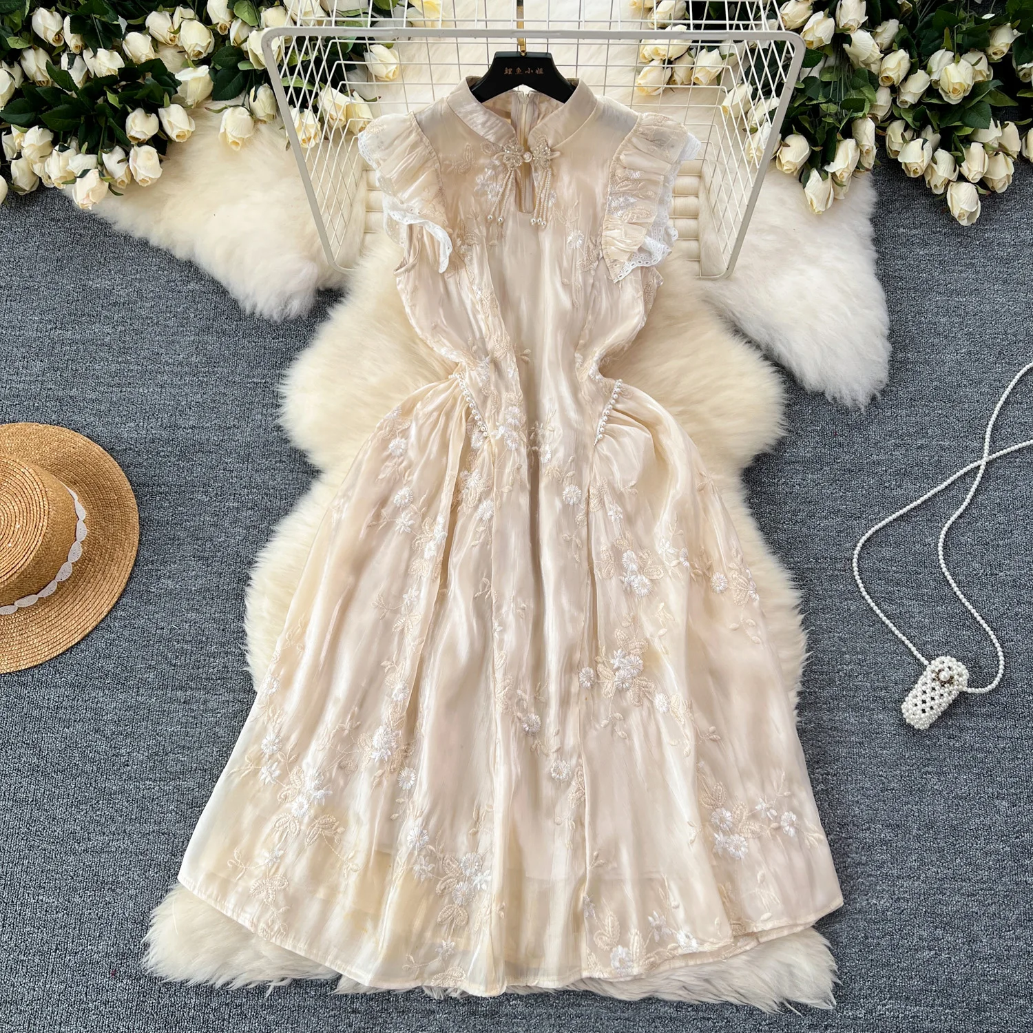 Retro  Elegant Embroidery Dress Casual A-line graduation party sweet High Waist Beach Women Summer slim dresses