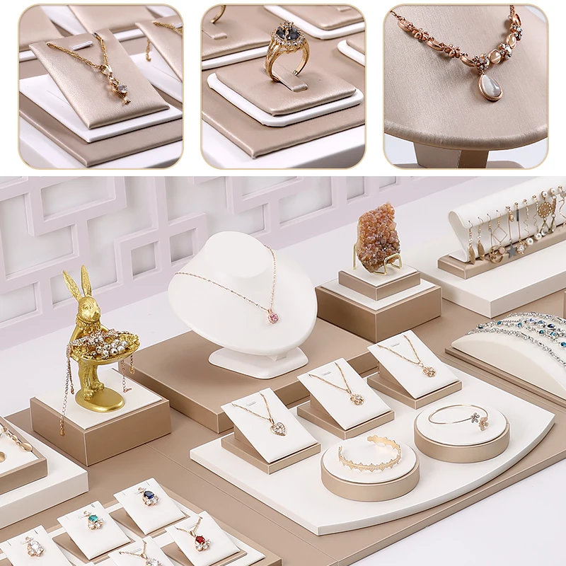 PU Leather Hand Jewelry Ring Display Pedestal Stand Holder Counter Organizer Tray Showcase Earring Storage Case Store Collection
