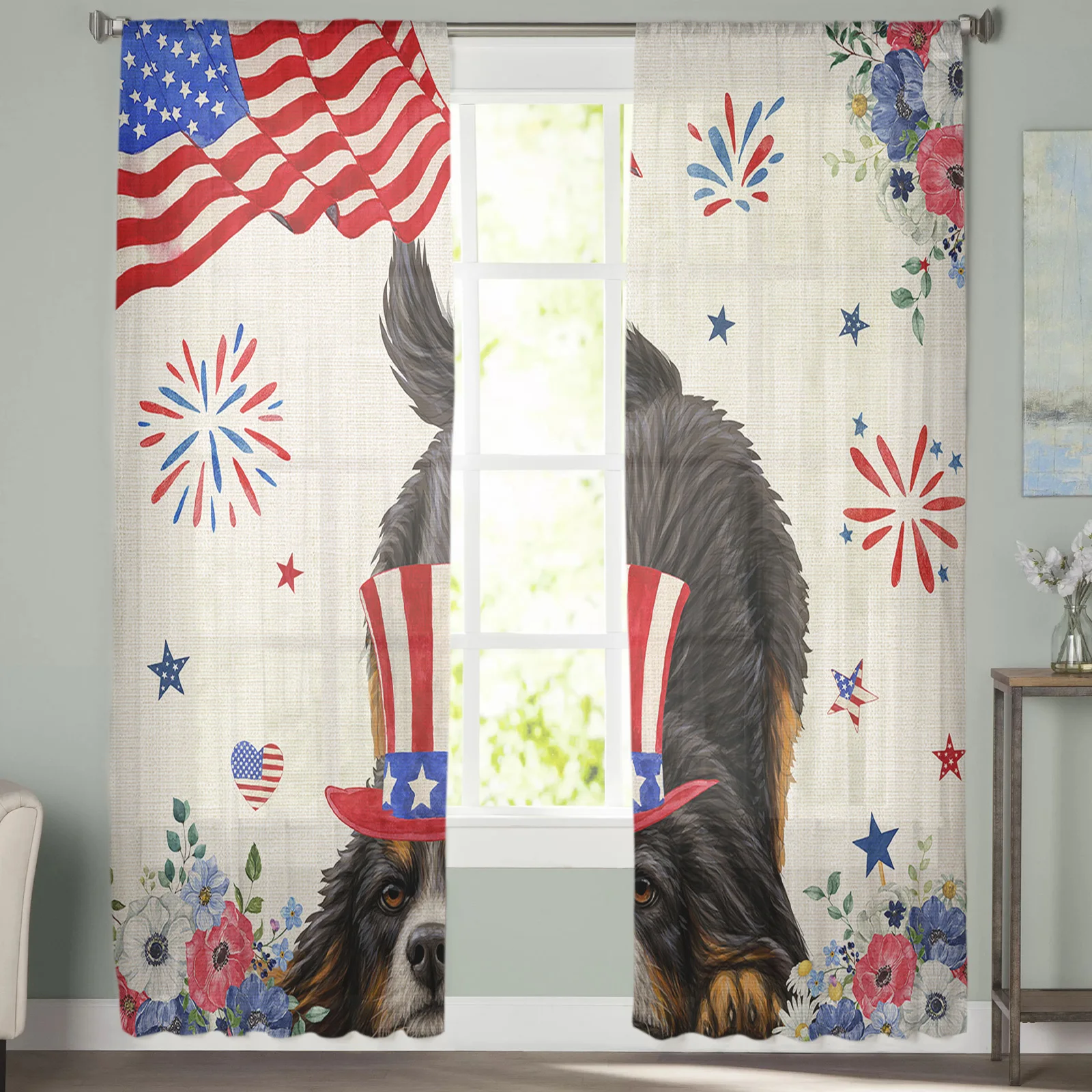 Patriot Dog Pentagon Independence Day Tulle Curtains for Bedroom Home Decor Living Room Kitchen Voile Curtains for Blind Drapes