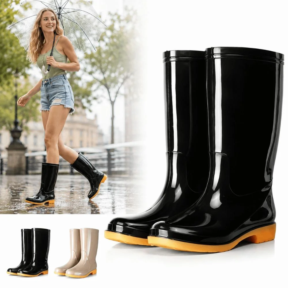 Rutschfeste Damen-Regenstiefel, hohe, wasserdichte Gartenschuhe, strapazierfähige, leichte Wasserschuhe für draußen, Küche, Arbeit – Detail 6
