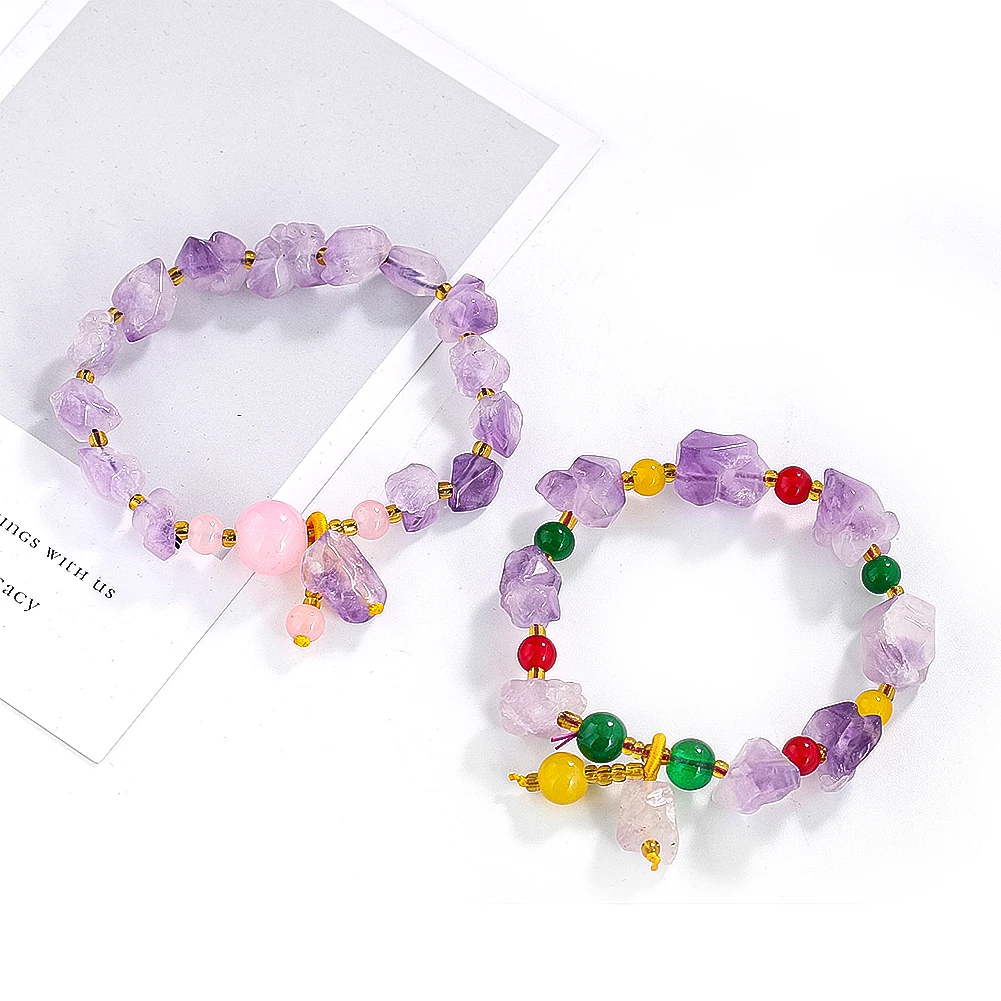 Natural Amethyst Raw Stone Bracelet Quartz Crystal Healing Reiki Stretch Bangles for Women Girls Increase Charm Jewelry Gift