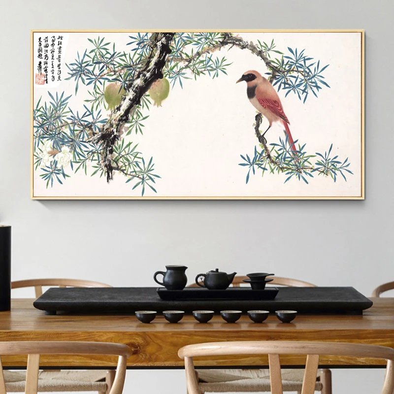 Vintage Chinese Style Flowers and Bird Painting Bird Singing on Plum blossom Artistic Beauty Picture Canvas Posters for Home Dec