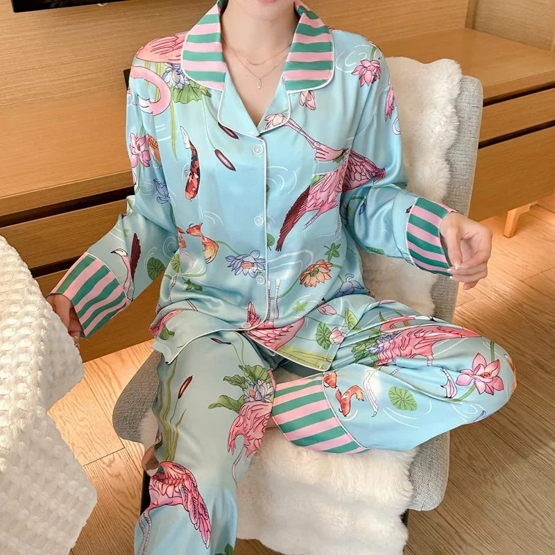 Women\'s Pajamas Sets Spring Autumn 2 Piece Flamingo Print Pyjama Faux Silk Satin Sleepwear Long Sleeve Pijama Mujer Pjs Homewear